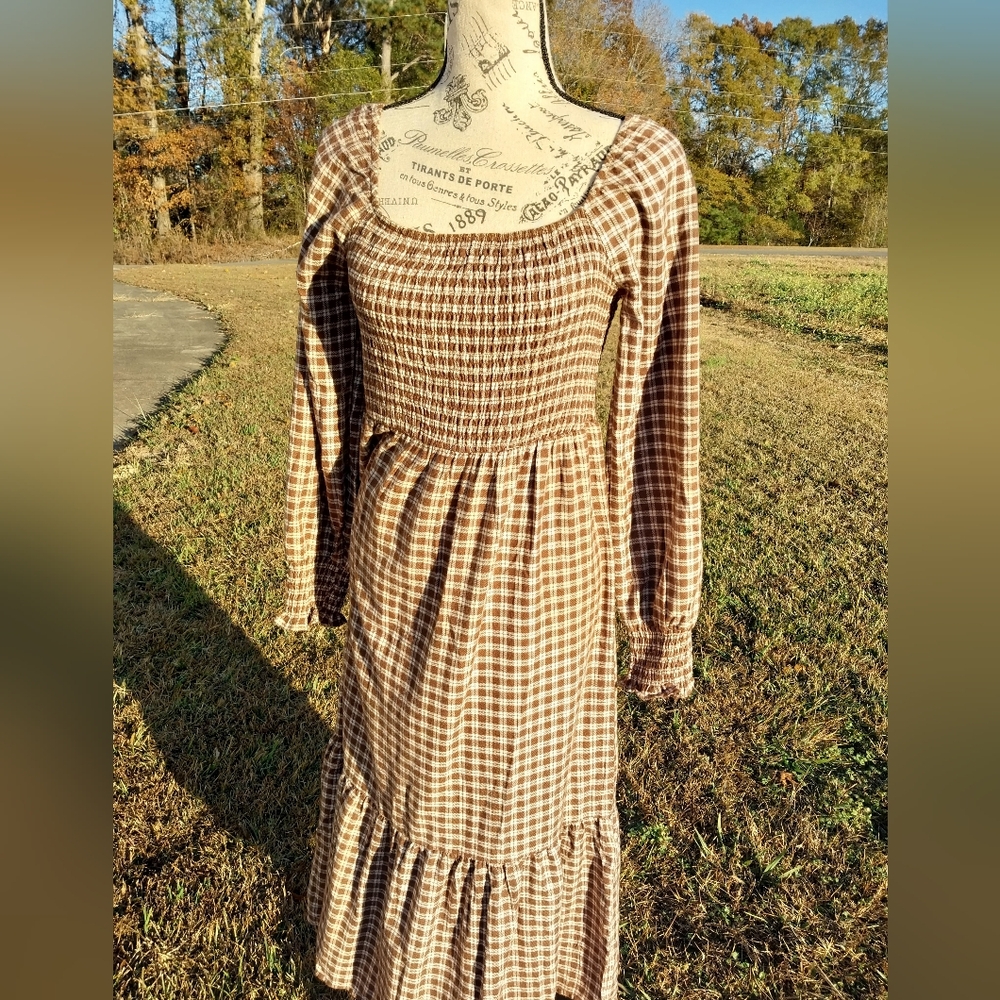 Boho Plaid Long Sleeve Smocked Square Neck LUCKY Brand Midi Dress/M
